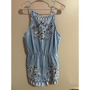 Blu Pepper Embroidered Chambray Romper Floral Tassel Tie Sleeveless Size M